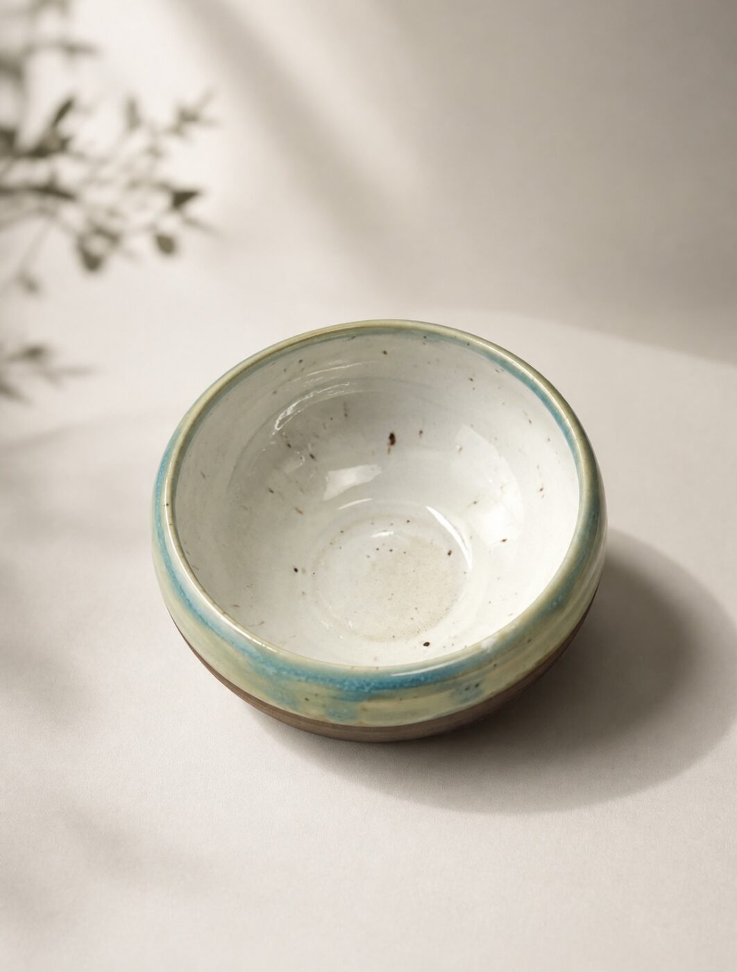 Sage rim stoneware bowl, side view